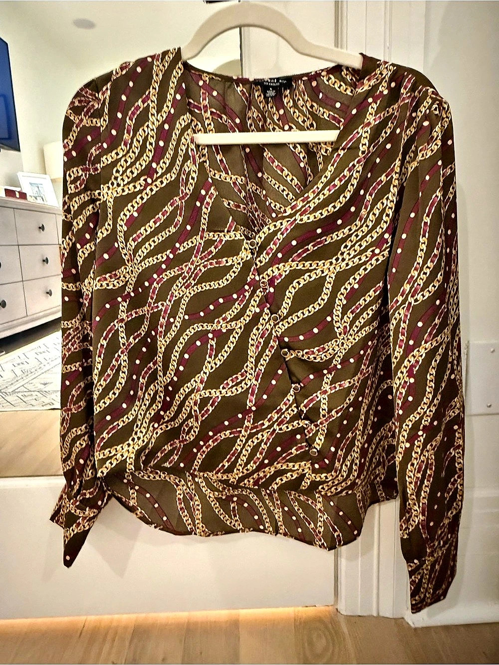 current air Chain Print Blouse in Brown & Purple Size Small